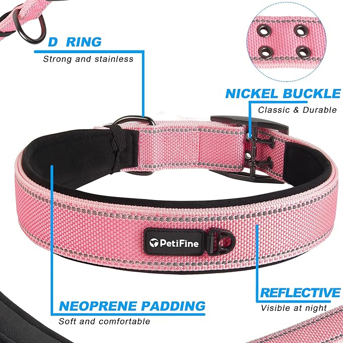 PetiFine Dog Collar for Large Dogs, Neoprene Padded and Adjustable, Reflective Wide Heavy Duty Pet Collars with Durable Metal Belt Buckle for Walking, Pink, XL