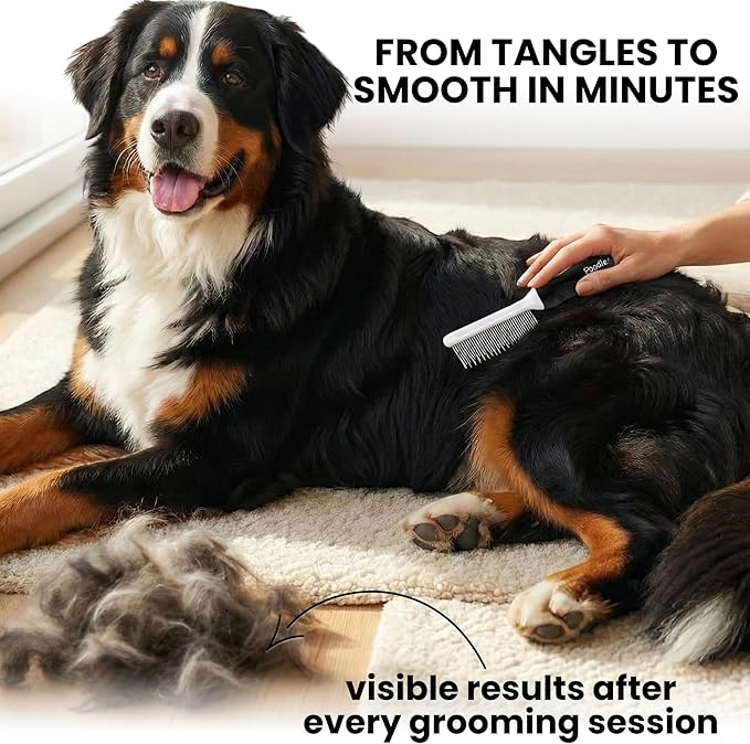 POODLIE Poodle Pet Dog Combs for Grooming Matting - Metal Comb for Dogs with Long & Short Stainless Steel Teeth - Dematting Comb for Cats to Remove Matted Hair & Knots, Black