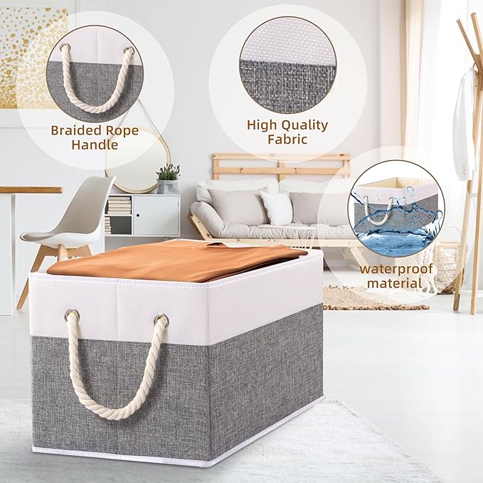 Yawinhe Collapsible Storage Bins 3-Pack, Large Fabric Baskets with Rope Handle, Organizers for Shelves, Closets, Clothes, 16.53''Lx11.81''Wx10.23''H, White/Grey