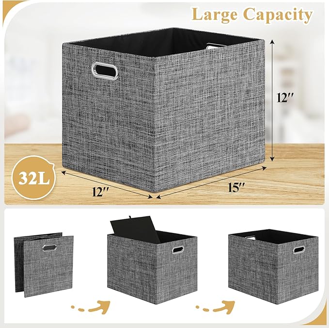 Posprica 15.12"x12.13"x12.01" Storage Cube Bins, Linen Decorative Closet Storage Organizer for IKEA Kallax, 4 Pack Fabric Foldable Large Storage Baskets for Closet, Shelves, Clothes, Toy (Black)