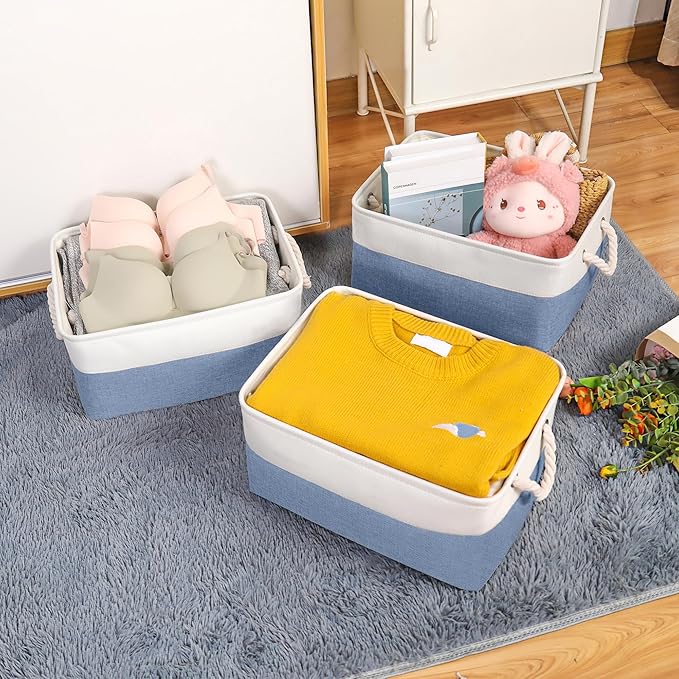 Storage Bins with Sturdy Cotton Handles(1 Pack), Fabric Storage Baskets for Organizing use for Office & Home, Book, Clothes, Toys, Closet Boxes (Small, Blue-White, 12.2x8.3x6.3 inches)
