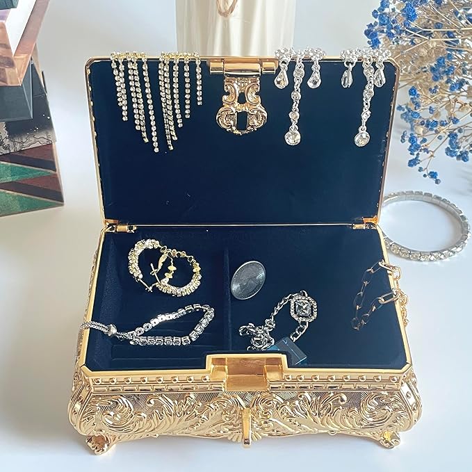 SIWOT Rectangular Classical Patterned Jewelry Box,Metal Retro European Scroll Design Treasure Storage Chest Case for Girls Women (Golden, Large)