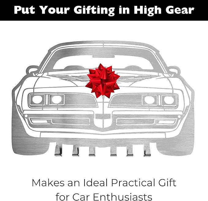 MOOH Key Holder for Wall - Metal Automotive Key Holder With 6 Hooks - Unique Car Gift for Men, Women, Car Lovers & Enthusiasts - Cool Man Cave Decor (Pontiac Firebird 1977, Stainless Steel)