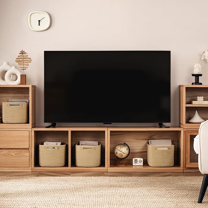 UBBCARE 4 Pack Storage Basket for Shelves, Woven Baskets for Organizing, Durable Organizer Baskets Storage Bins for Bookshelf, Toys, Towels, Clothes, 13''Lx9''Wx7.5''H, Brown