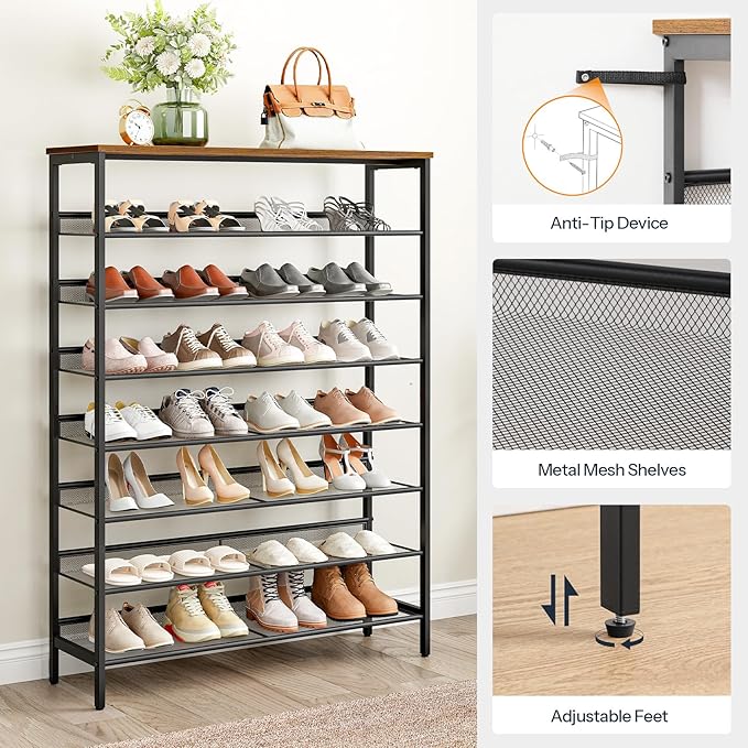 HOOBRO 8 Tier Shoe Rack, 39.4"L Shoe Shelf, Large Capacity Shoe Storage Organizer for 30+ Pairs of Shoes, Front Door Entrance, Entryway, Hallway, Closet, Space Saver, Rustic Brown and Black BF118XJ01