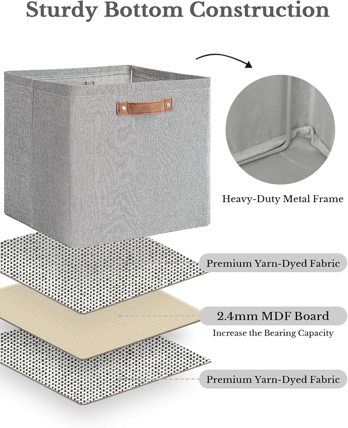 StorageWorks 13x13 Inches Storage Cube, Fabric Storage Bins with PU Handles, Collapsible Organizer Baskets for Closet, Gray, 4-Pack