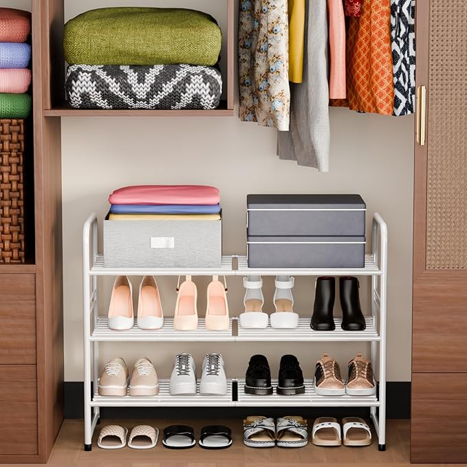 SUFAUY 3-Tier 33" Wide Shoe Rack, Closet Metal Shoe Rack Organizer Heavy Duty, Stackable, White