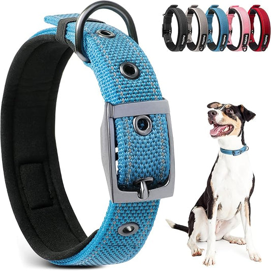 PetiFine Neoprene Padded Dog Collar, Heavy Duty Comfort Dog Collar with Durable Metal Buckle, Reflective Adjustable Belt Buckle Dog Collars for Small Medium Large Dogs(11”-14.5“, Blue)