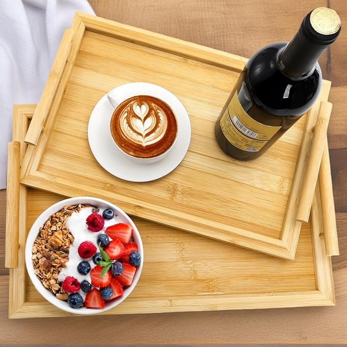 2 Pack Bamboo Serving Tray with Handles, Decorative Rectangular Food Platter, Wooden Potable Bed Tray for Entertaining, Kitchen Counter, Party Display, Living Room, Breakfast Dinner Eating
