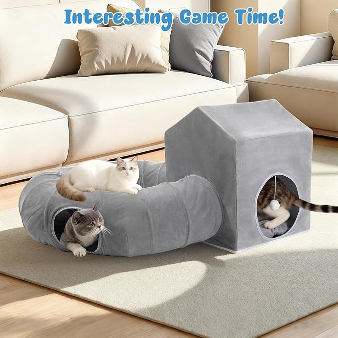 Pawaboo Cat Tunnel Bed Under Christmas Tree with Cat House, Cats Donut Tube with Square House, Christmas Cats Toy Circle Tunnel with Cave, Kitten Bed Hideout Gift Festive Kitty Tube Tunnels, Dark Gray