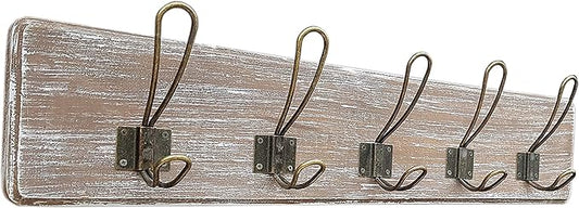 Wooden Coat Rack Wall Mounted with 5 Hanger Hook, for Porch, Kitchen, Bedroom, Hallway, Antique Farmhouse Rustic Character, Mahogany Wood, (Aged Whitewash Bronze Hook)