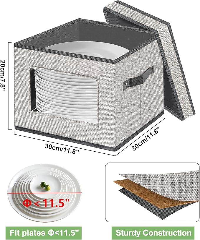 homyfort China Storage Containers With Lid and Handles, Dinnerware Storage Box for Dishes with 12 Felt Dividers, Hold 24 Plates,12 x 12, Set of 2, Light Grey