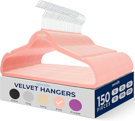 SereneLife 150-Pack Velvet Hangers – Ultra-Thin Space Saving Pink Clothes Hangers with 360° Swivel Hooks, Non-Slip Heavy Duty Design for Coats, Dresses, Shirts & More – Lightweight & Durable