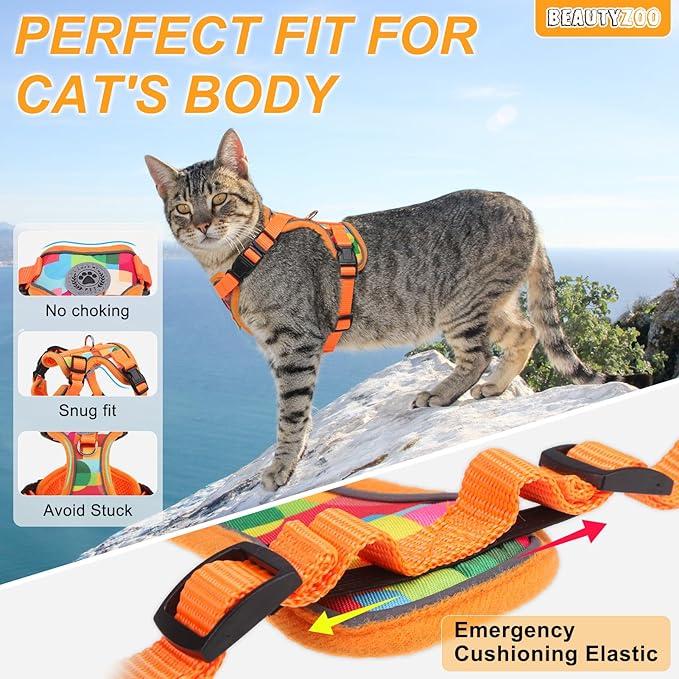 BEAUTYZOO Escape Proof Cat Harness and Leash for Walking, Soft Adjustable Cute Vest for Small to Large Cats, Reflective Breathable Easy-Control Outdoor Jacket, Kitten Harness and Leash Set, Orange, M