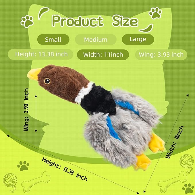 Extra-Plush Duck Dog Toy with 2 Squeakers & Crinkle – No Stuffing Gentle Chewer Squeaker for Calming Play, Soft Toy for Puppies to Senior Dogs (Long Pile, Brown & Grey)