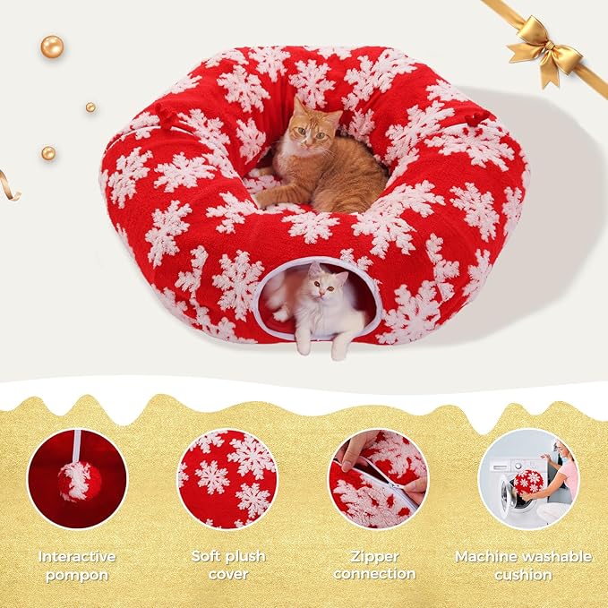 PEQULTI Cat Christmas Tunnel with Bed for Indoor Cats, Cat Donut Tunnel Under The Tree with Washable Soft Plush Mat, Round Tube Toys Cute Tube for Kittens, Puppies, Rabbits and Ferrets, Red