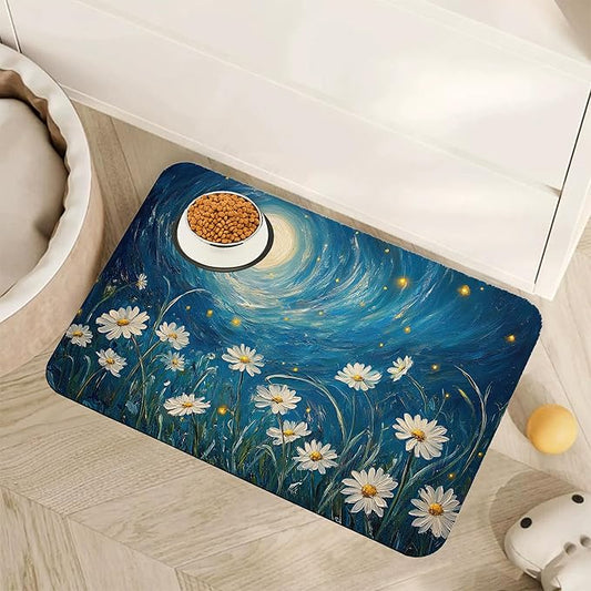 Starry Night Pet Feeding Mat,Moon Daisy Flower Absorbent Quick-Dry Cat Dog Food and Water Bowl Mats,Non-Slip Rubber Backing Mat,Cat Dog Accessories Supplies 16"x24"
