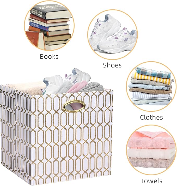 13x13x13 Storage Cube Bins, Collapsible Storage Bins Fabric Storage Cubes Organizer Baskets Box Drawers for Shelves, Closet, Wardrobe, Bookshelf, Cabinet, 4 Pack, White/Shiny Gold