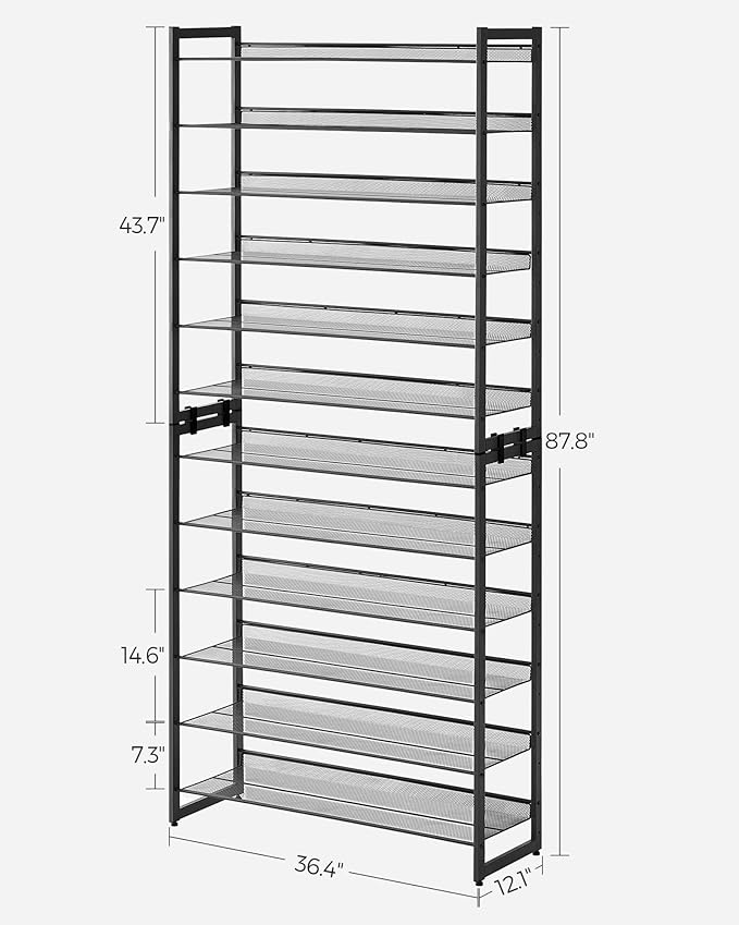 SONGMICS Shoe Rack, 12-Tier Shoe Organizer, Metal Shoe Storage for Garage, Entryway, Set of 2 6-Tier Stackable Shoe Shelf, with Adjustable Flat or Angled Shelves, Holds 48-60 Pairs, Black ULMR12B