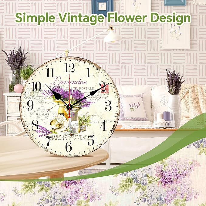 TAHEAT Lavender Wall Clock, Small Vintage Floral Provence Kitchen Clocks, Retro Rustic Battery Operated Wall Clocks for Living Room Bedroom Bathroom Office, 8 Inch