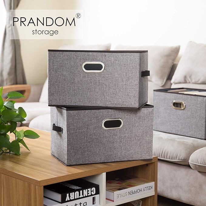 PRANDOM Larger Collapsible Storage Bins for Closet [3-pack] Decorative Linen Fabric Storage Baskets Cubes with Leather/Metal Handles for Living Room Cloth Grey and Black Trim (17.3x12.2x10.4 Inch)