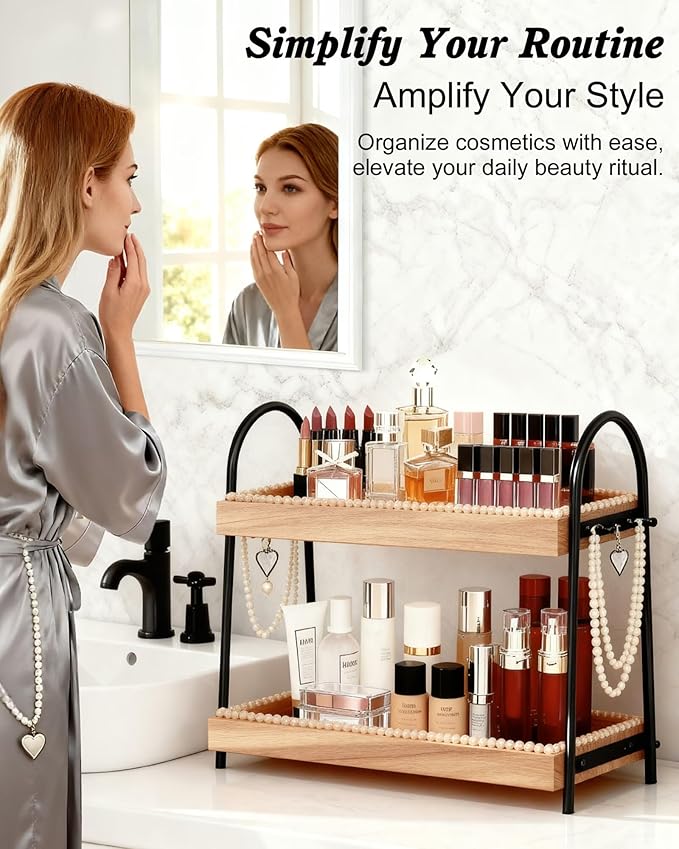 2-Tier Perfume & Makeup Organizer with 8 Jewelry Hooks, Eco-Coated Paulownia Wood Vanity Tray for Bathroom, Coffee Bar & Dresser - Large Storage Shelf for Skincare Bottles (Light Brown & Black)