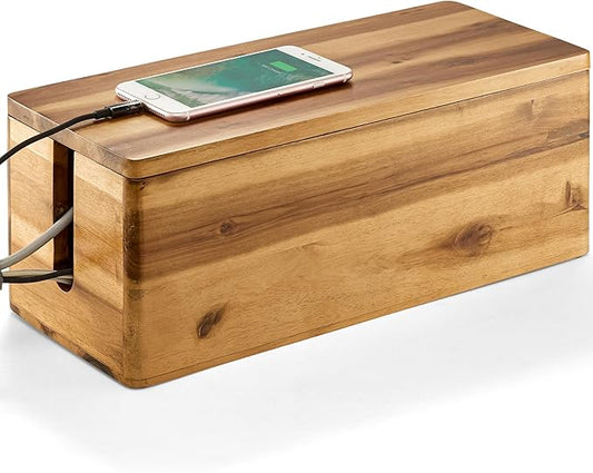 Acacia Wood Cable Management Box Round Edge - 16" L Wooden Cable Organizer Box for Electrical Hiding Cord Management - Power Strip Hider Cable Storage Box for Office, Router Wires, Under Desk