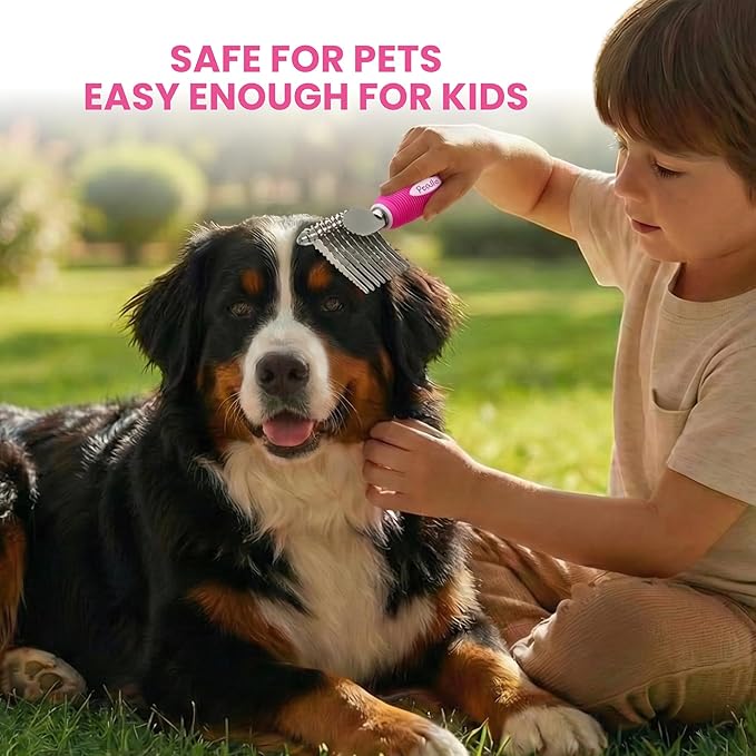 Poodle Dematting Fur Rake Comb Brush for Dogs and Cats - Long 2.5" Steel Safety Blades Metal Comb for Detangling Matted or Knotted Undercoat Hair