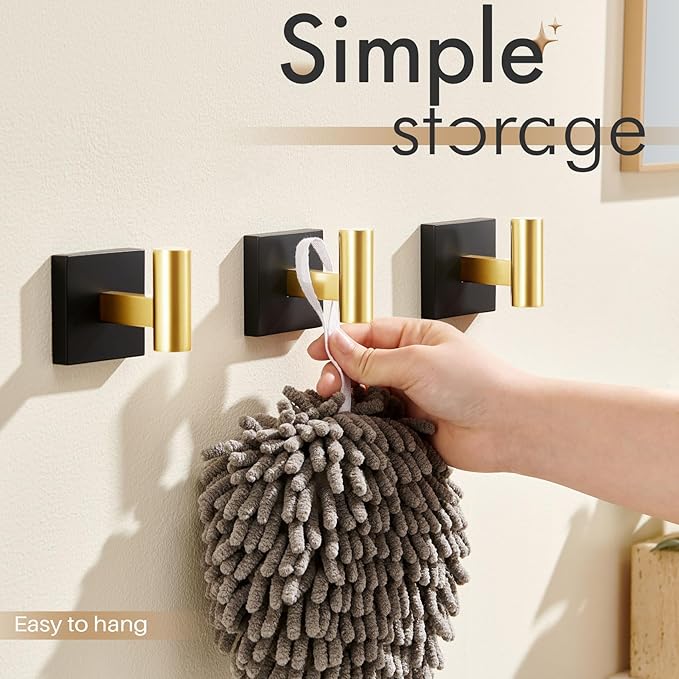 KOKOSIRI Robe Hooks for Wall Mount Bathroom Towel Hook, Coat Hooks Bath Storage Hardware 3 Pack Black with Gold Stainless Steel B1013GDK-P3