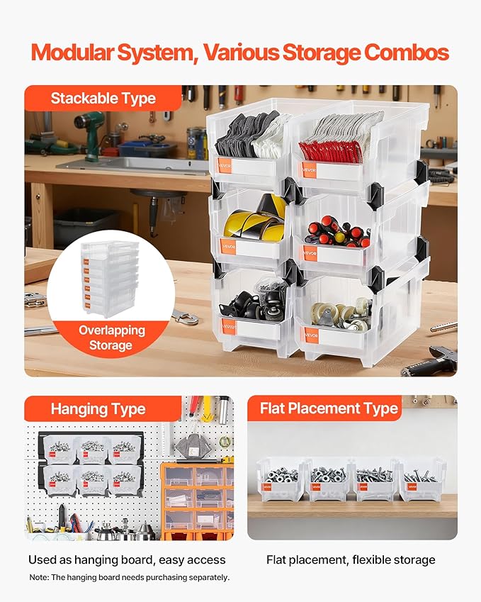 VEVOR Plastic Stackable Storage Bins, 14.8 x 8.5 x 7.1 inch (6 Pack), Plastic Containers for Organizing & Storage Bins for Closet, Garage, Small Parts, Office Supplies, Other Accessories, Transparent
