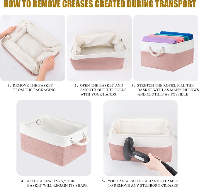 Storage Bins with Sturdy Cotton Handles(3 Pack), Fabric Storage Baskets for Organizing use for Office & Home, Book, Clothes, Toys, Closet Boxes (Small, Pink-White, 12.2x8.3x6.3 inches)