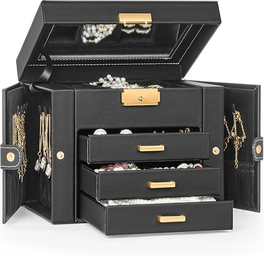TORIBIO Jewelry Box for Women, Leather Jewelry Organizer with Mirror & Lock, 4-Tier Jewelry Storage Organizer with 3 Drawers for Girls/Women/Mothers, Necklace Earring Bracelets Holder Organizer