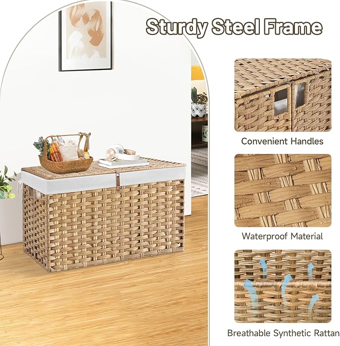180L Wicker Storage Basket with Lid, Handwoven Rattan Large Shelf Basket with Removable Liner, 47.6 Gallon Wicker Basket for Blanket, Storage Trunk with Handle for Closet, Bedroom, Livingroom, Natural
