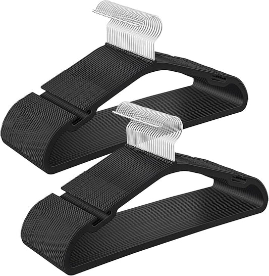 SONGMICS Clothes Hangers 50 Pack, Heavy-Duty Plastic Hangers, Coat Hangers with Wide Shoulder Notches, Pant Bar, 360° Swivel Hook, Space-Saving, 16.4 Inches, for Closet, Ink Black UCRP060B01