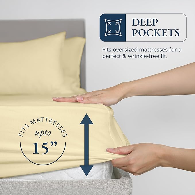 LANE LINEN Twin XL Fitted Sheet, 100% Organic Cotton 2-Piece Set (1 Fitted Sheet, 1 Pillowcase), Percale Weave, Bottom Sheet, Soft, Breathable, Fits Mattress Upto 15" Deep - Vanilla (No Flat Sheet)