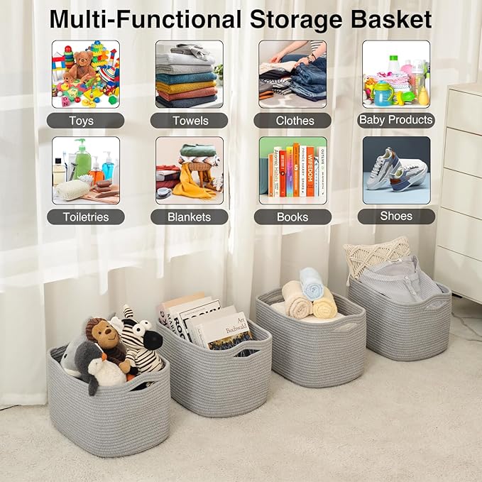 Storage Baskets for Organizing & Shelves, Woven Cotton Rope Organization Bins for Dog Toys, Clothes, Books, Nursery Organizer, 15" Lx11 Wx9.5 H, (4 Packs) Grey