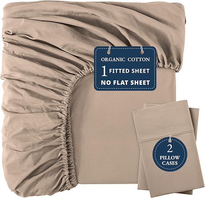 LANE LINEN King Fitted Sheet, 100% Organic Cotton, 3-Piece Set (1 Fitted Sheet,2 Pillowcases), Percale Weave, Ultra Soft, Breathable,Fits Mattress Upto 15" Deep - Taupe (No Flat Sheet)