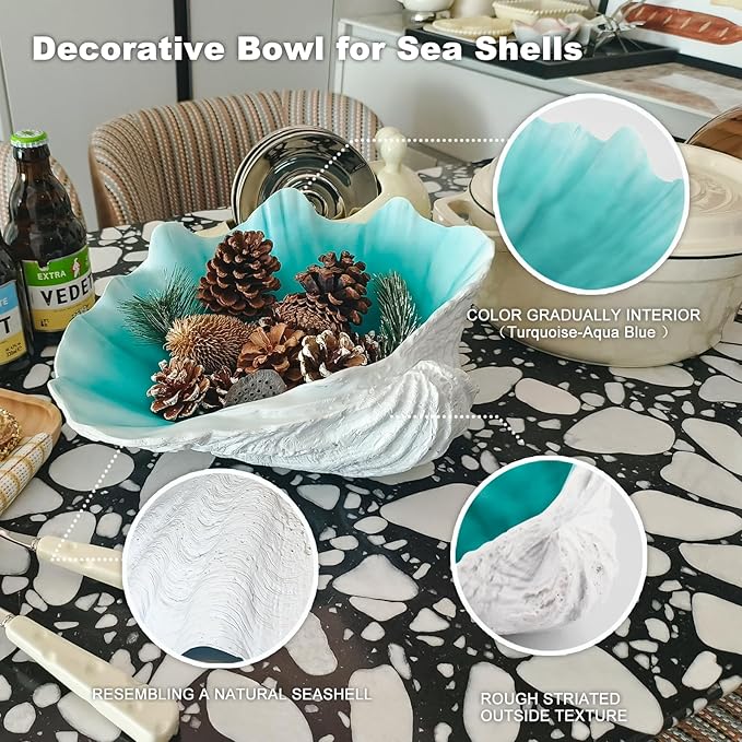 Extra Large Clam Shells Decorative Bowl-Turquoise Sea Shells Decorative Storage Bowls for Coastal Beach theme house table centerpiece decorations & Nautical decorations for coffee table -12.4"-1PC
