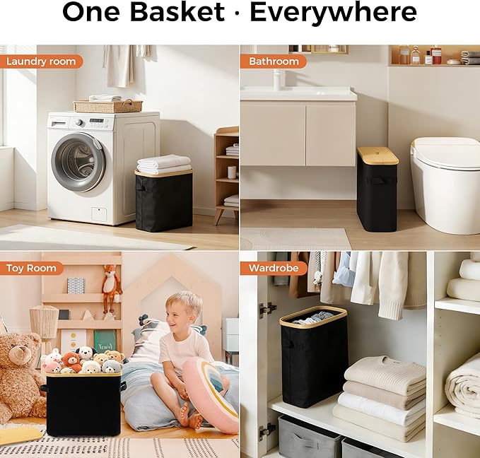 MinBoo Toilet Paper Basket, Storage with Lid, Toilet Paper Organizer for Bathroom, Free Standing Toilet Paper Holder with Storage,Black