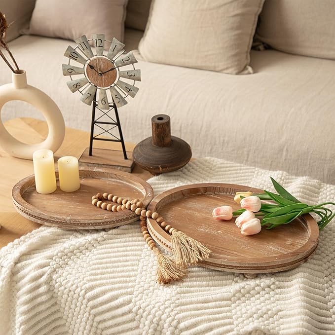 2 Piece Oval Torched Wooden Serving Tray Set with Beaded Design, Centerpiece Table Decorations Tray for Living Room Ottoman, Coffee Table Tray for Farmhouse Home Decor