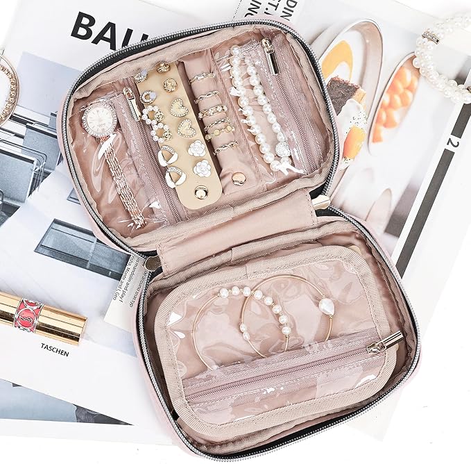 NISHEL Travel Jewelry Case, Holiday Organizer for Necklaces, Earrings, Rings, Bracelets, Watch, Small Size,Pink