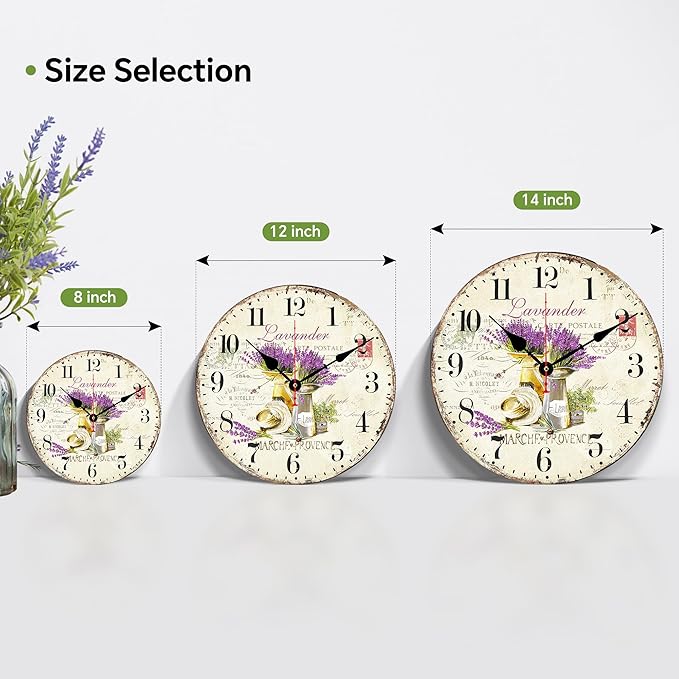 TAHEAT Lavender Wall Clock, Small Vintage Floral Provence Kitchen Clocks, Retro Rustic Battery Operated Wall Clocks for Living Room Bedroom Bathroom Office, 8 Inch