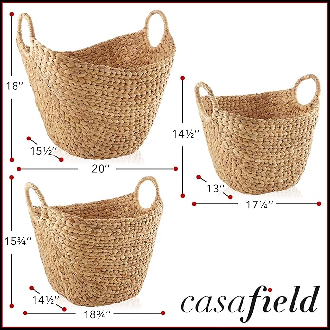 Casafield Set of 3 Multipurpose Boat Baskets with Handles - Natural, Woven Water Hyacinth Storage Organizers for Throw Blankets, Bedroom, Living Room, Laundry