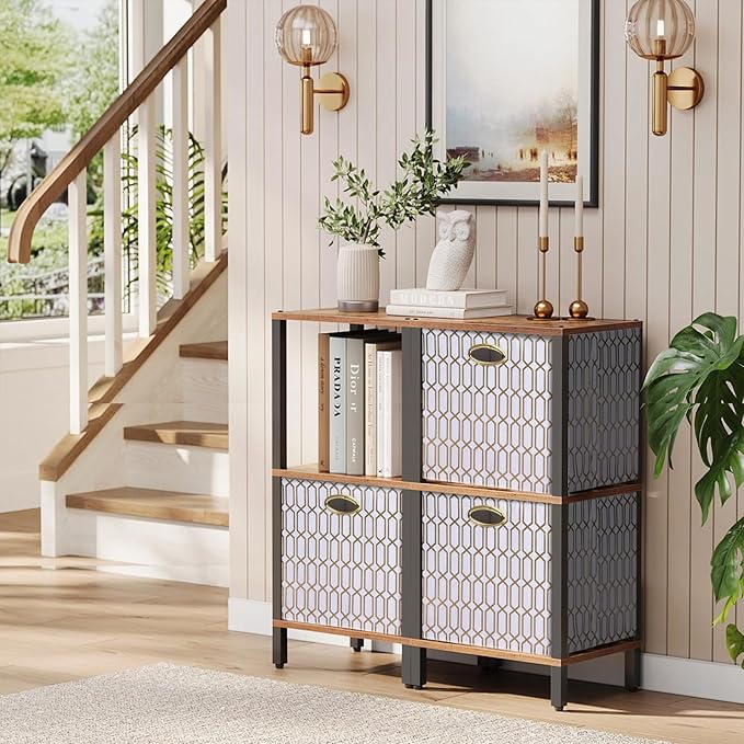 13x13x13 Storage Cube Bins, Collapsible Storage Bins Fabric Storage Cubes Organizer Baskets Box Drawers for Shelves, Closet, Wardrobe, Bookshelf, Cabinet, 4 Pack, White/Shiny Gold