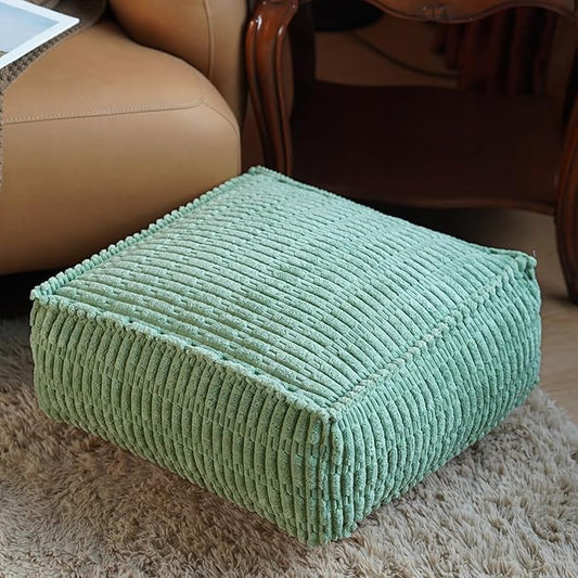 Unstuffed Pouf Ottoman Cover Soft Storage Extra Seat Farmhouse Comfortable Bohemian Poufs Accent Footrest 20x20x8 Inches for Living Room Bedroom Study Nook (Green, Square)