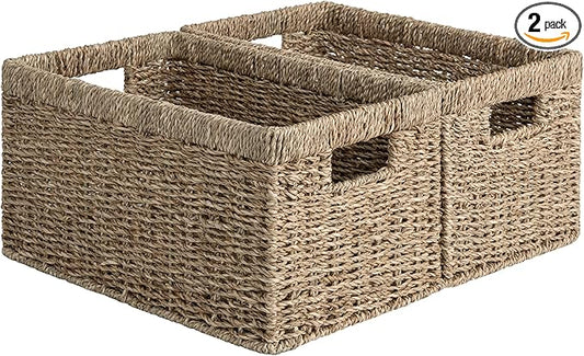 StorageWorks Wicker Storage Basket for Organizing, Medium Seagrass Storage Baskets with Built-in Handles for Pantry, Shelves,2-Pack