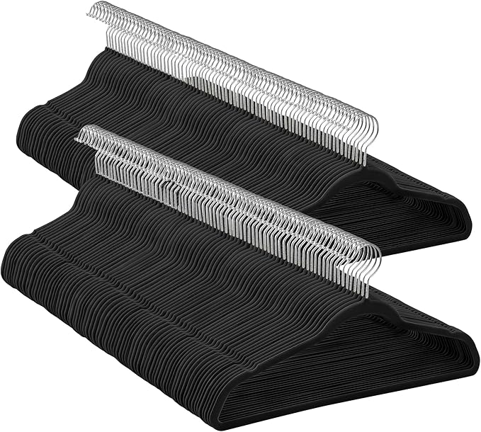 SONGMICS Velvet Hangers 150 Pack, Non-Slip Clothes Hangers with Silver-Colored Swivel Hooks, Slim Space-Saving for Closet, Heavy-Duty, Black UCRF046BZ03S