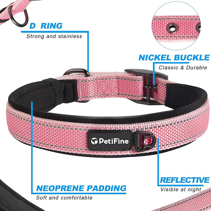 PetiFine Dog Collars for Small Dogs, Neoprene Padded Dog Collar, Reflective Heavy Duty Pet Collars with Durable Metal Belt Buckle for Walking, Pink, S