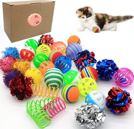 LASOCUHOO Cat Toys Kitten Assortment - Rainbow, Crinkle, Sparkle, Bell & Sisal Balls for All Cats - 30 Packs