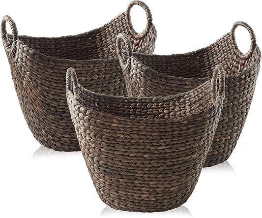 Casafield Set of 3 Multipurpose Boat Baskets with Handles - Espresso, Woven Water Hyacinth Storage Organizers for Throw Blankets, Bedroom, Living Room, Laundry